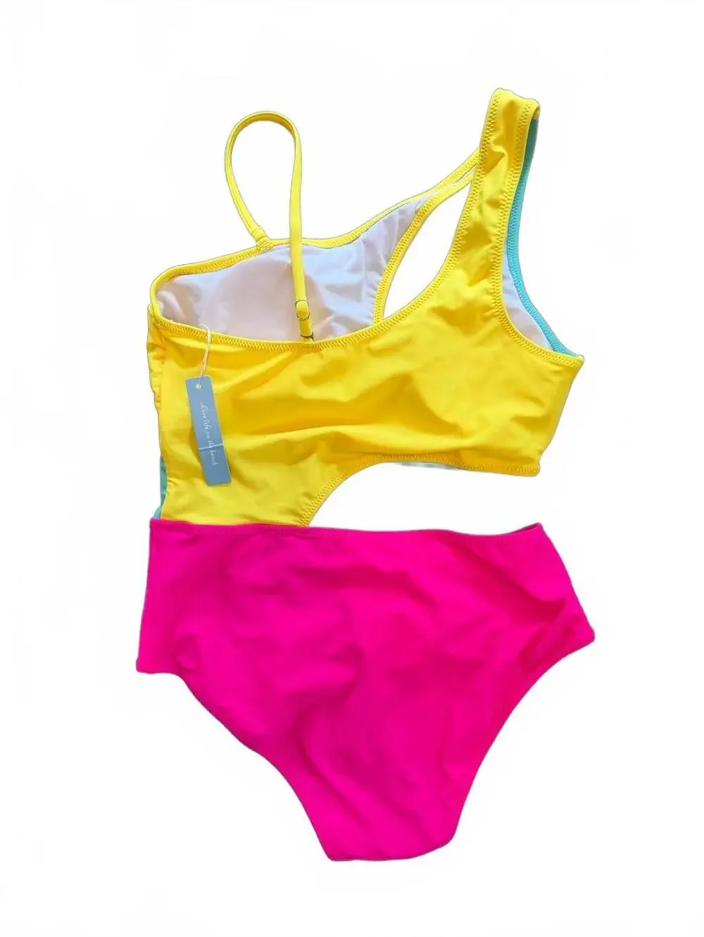Trendy Colorblock One-Shoulder Cutout Swimsuit High Waist Cheeky Small NWT